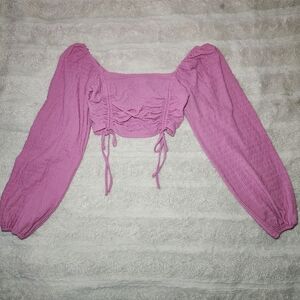 Sophie Rue Pink Womens Sz S Long Puff Sleeve Smocked Back  Cropped Top Milk Maid